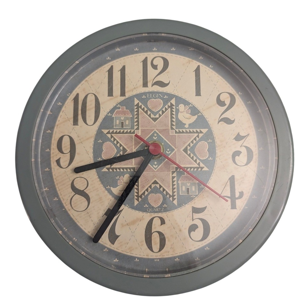 Vintage Elgin Wall Clock Country Primitive Star Heart House Sage Green 9.25 Inch